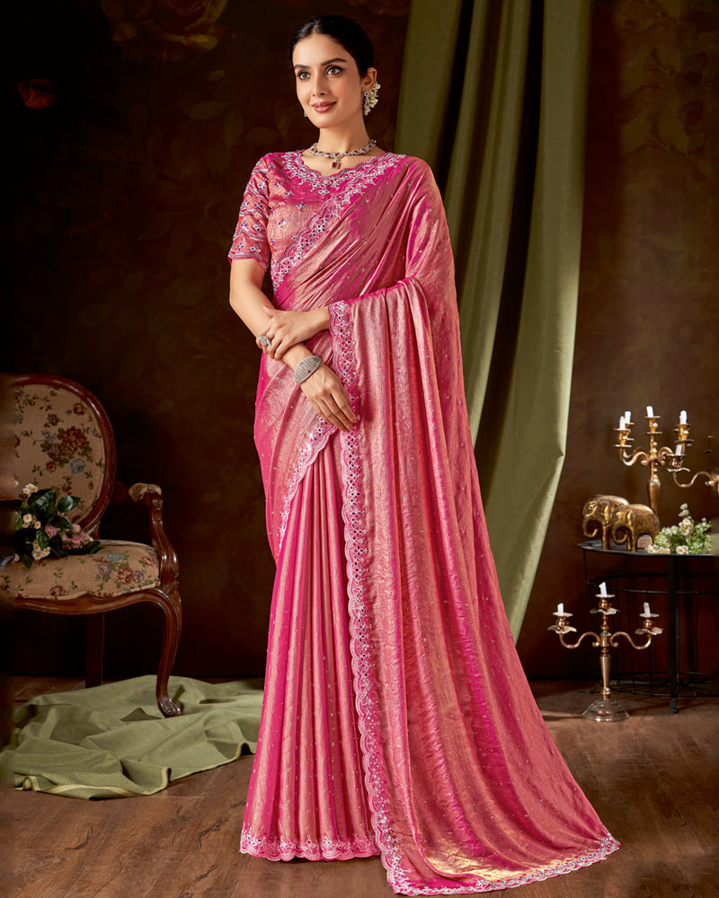 Vishal Prints Hot Pink Designer Satin-Chiffon Saree With Embroidery-Mirror Work And Cut Work Border