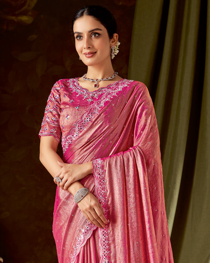 Vishal Prints Hot Pink Designer Satin-Chiffon Saree With Embroidery-Mirror Work And Cut Work Border