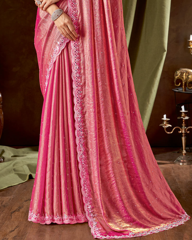 Vishal Prints Hot Pink Designer Satin-Chiffon Saree With Embroidery-Mirror Work And Cut Work Border