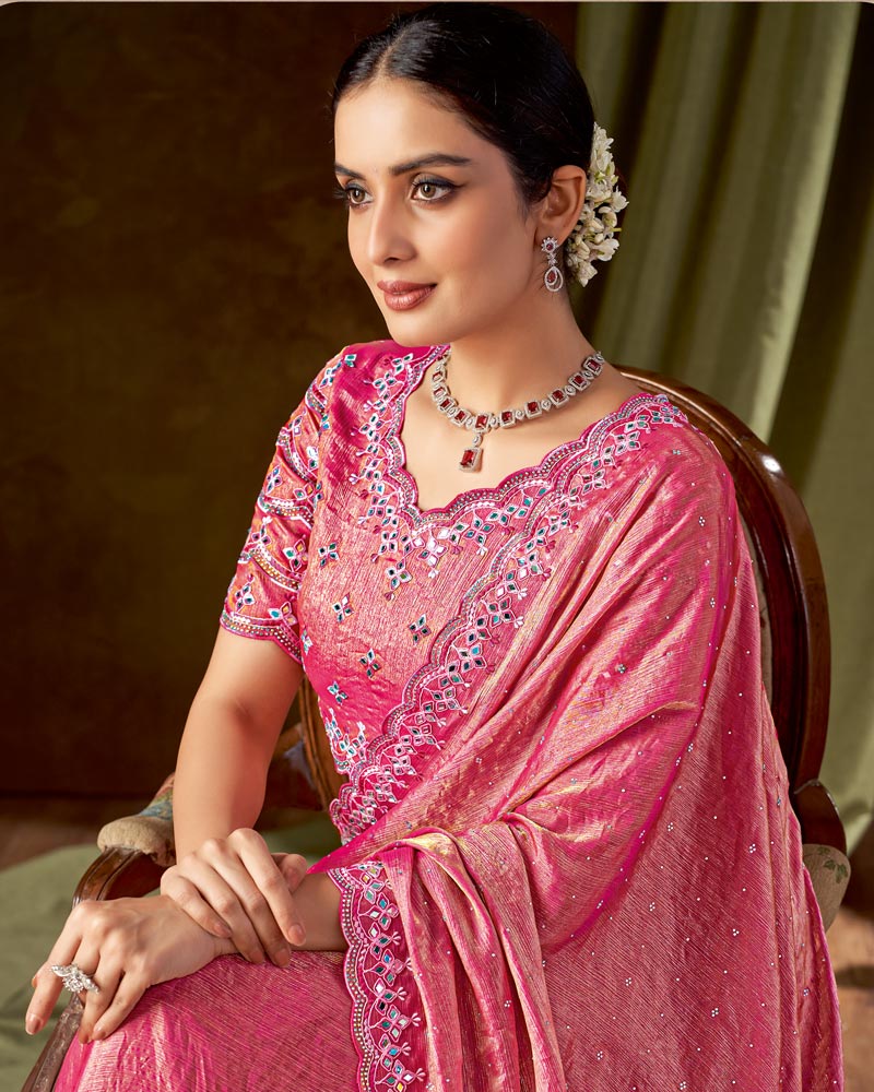 Vishal Prints Hot Pink Designer Satin-Chiffon Saree With Embroidery-Mirror Work And Cut Work Border