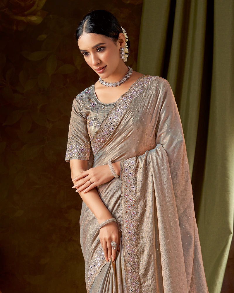 Vishal Prints Copper Brown Designer Satin-Chiffon Saree With Embroidery-Mirror Work And Cut Work Border