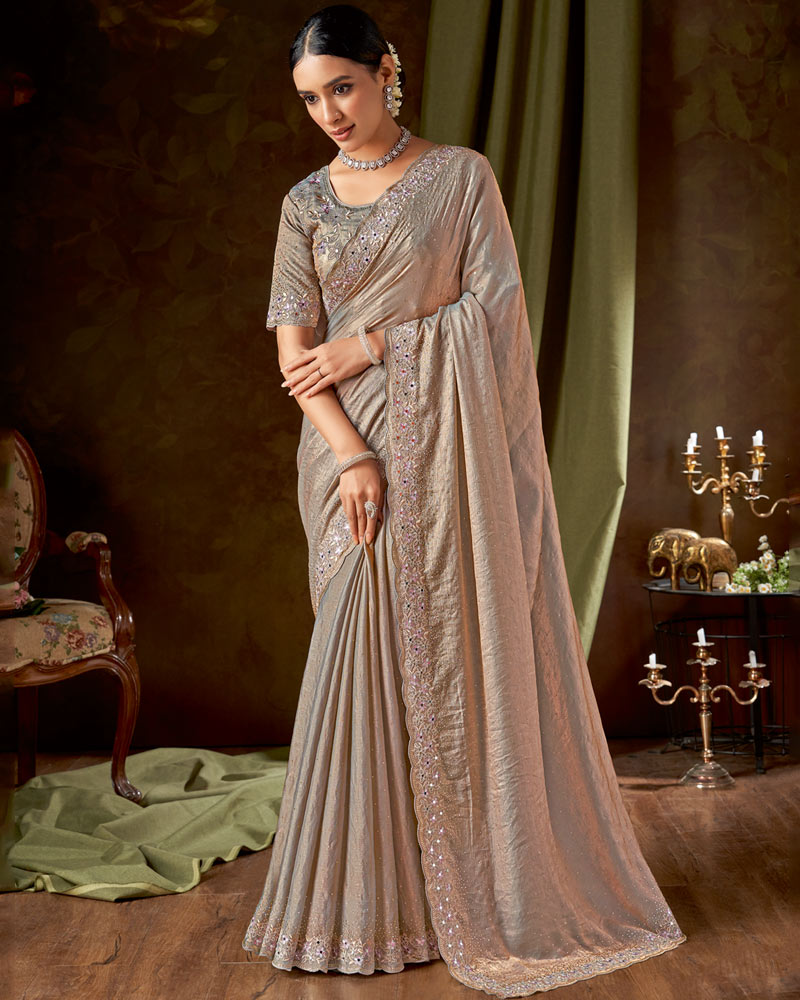 Vishal Prints Copper Brown Designer Satin-Chiffon Saree With Embroidery-Mirror Work And Cut Work Border
