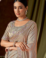 Vishal Prints Copper Brown Designer Satin-Chiffon Saree With Embroidery-Mirror Work And Cut Work Border