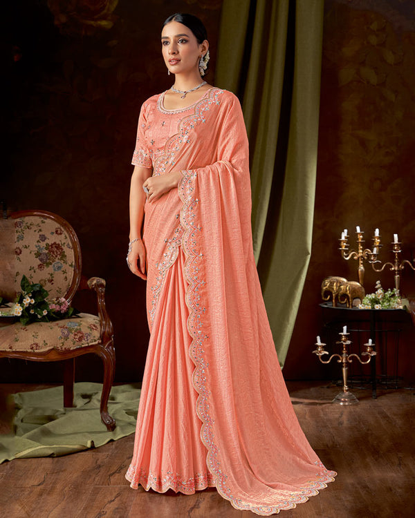 Vishal Prints Light Coral Designer Satin-Chiffon Saree With Embroidery-Mirror Work And Cut Work Border