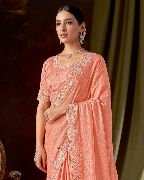 Vishal Prints Light Coral Designer Satin-Chiffon Saree With Embroidery-Mirror Work And Cut Work Border