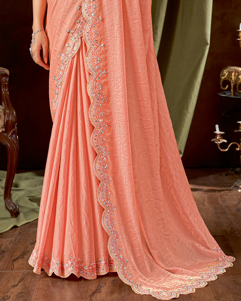 Vishal Prints Light Coral Designer Satin-Chiffon Saree With Embroidery-Mirror Work And Cut Work Border