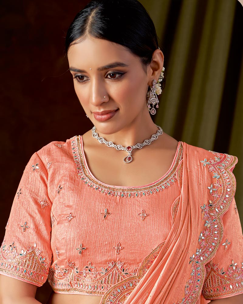 Vishal Prints Light Coral Designer Satin-Chiffon Saree With Embroidery-Mirror Work And Cut Work Border