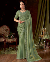 Vishal Prints Hazel Green Designer Satin-Chiffon Saree With Embroidery-Mirror Work And Cut Work Border