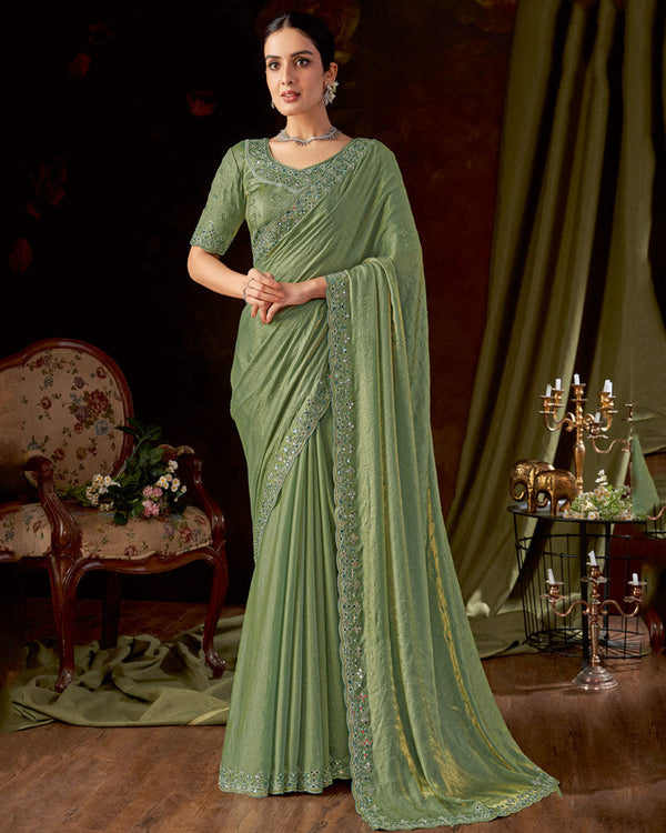 Vishal Prints Hazel Green Designer Satin-Chiffon Saree With Embroidery-Mirror Work And Cut Work Border