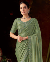 Vishal Prints Hazel Green Designer Satin-Chiffon Saree With Embroidery-Mirror Work And Cut Work Border