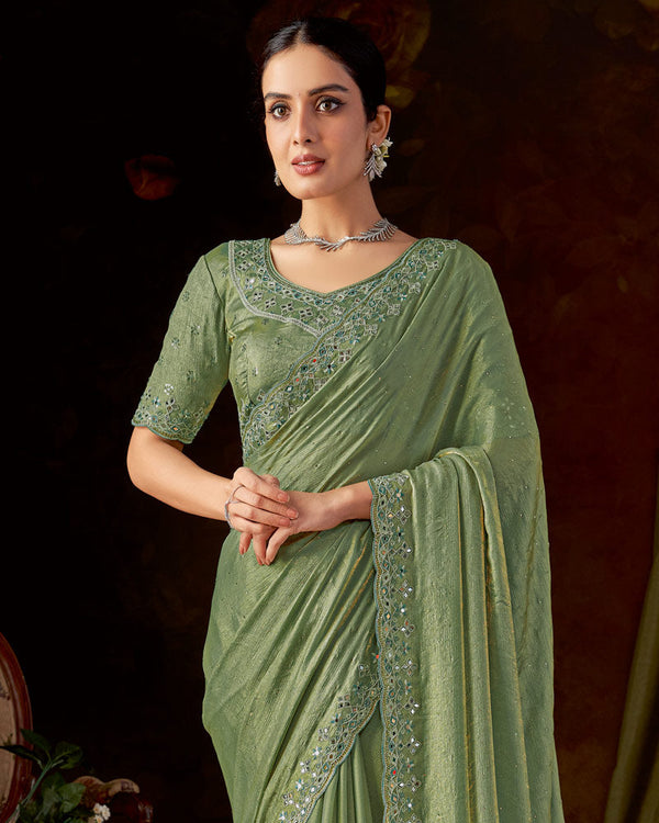 Vishal Prints Hazel Green Designer Satin-Chiffon Saree With Embroidery-Mirror Work And Cut Work Border