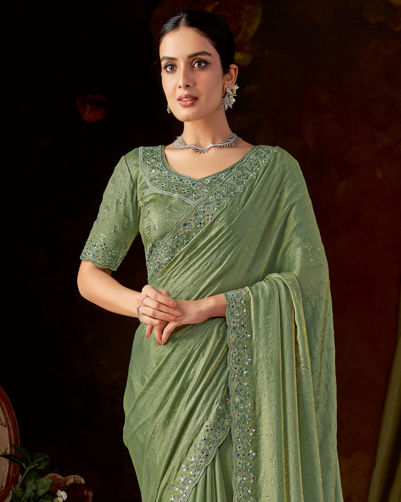 Vishal Prints Hazel Green Designer Satin-Chiffon Saree With Embroidery-Mirror Work And Cut Work Border