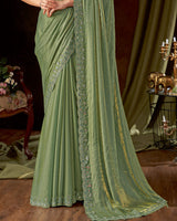 Vishal Prints Hazel Green Designer Satin-Chiffon Saree With Embroidery-Mirror Work And Cut Work Border