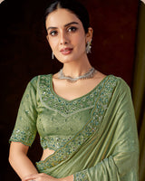 Vishal Prints Hazel Green Designer Satin-Chiffon Saree With Embroidery-Mirror Work And Cut Work Border