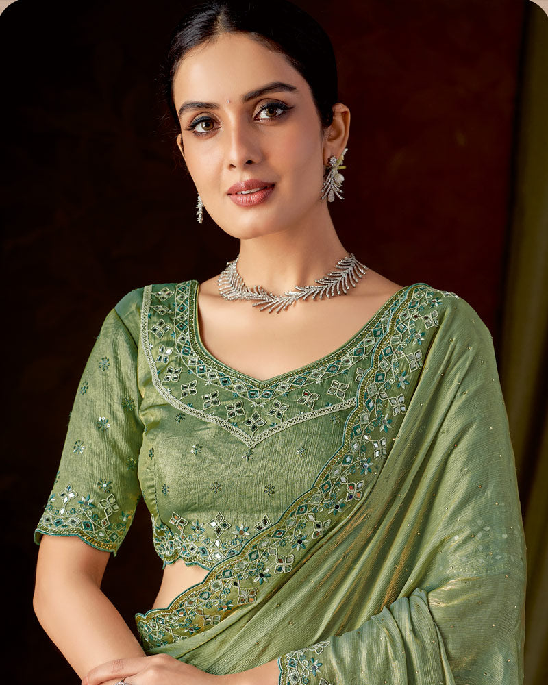 Vishal Prints Hazel Green Designer Satin-Chiffon Saree With Embroidery-Mirror Work And Cut Work Border