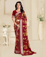 Vishal Prints Wine Red Printed Criva Crepe Saree With Weaved Viscose Patta