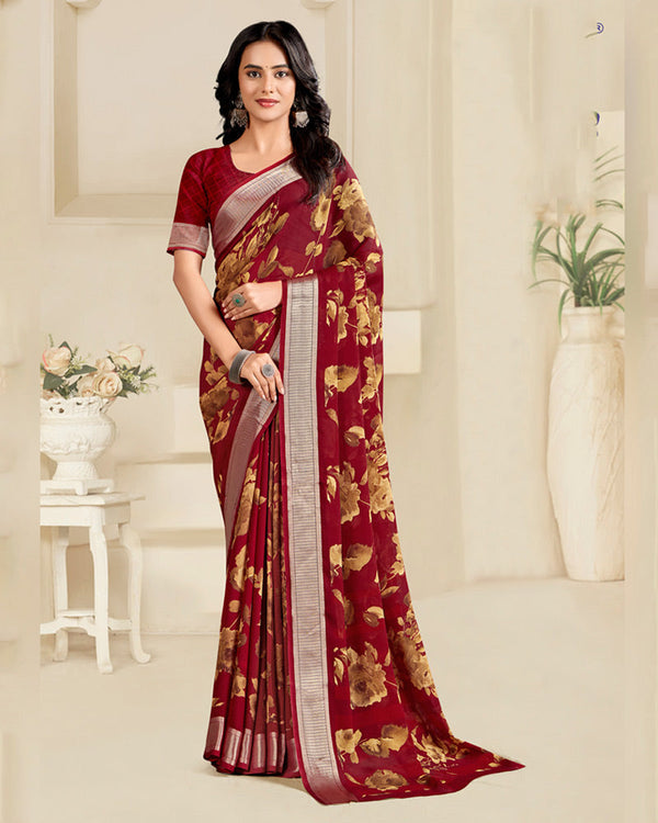 Vishal Prints Wine Red Printed Criva Crepe Saree With Weaved Viscose Patta
