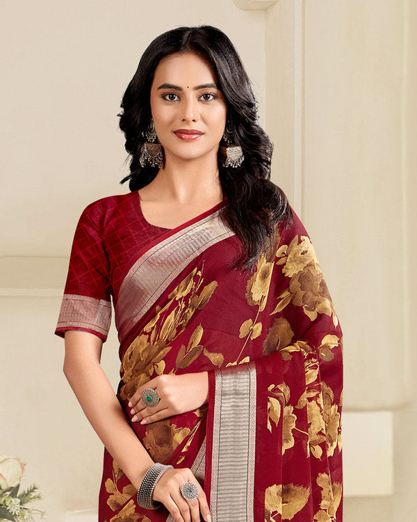 Vishal Prints Wine Red Printed Criva Crepe Saree With Weaved Viscose Patta