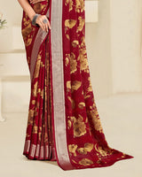 Vishal Prints Wine Red Printed Criva Crepe Saree With Weaved Viscose Patta