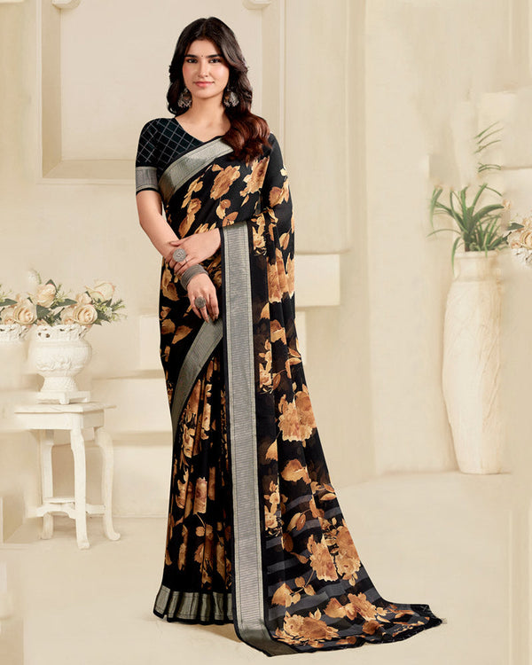 Vishal Prints Midnight Black Printed Criva Crepe Saree With Weaved Viscose Patta