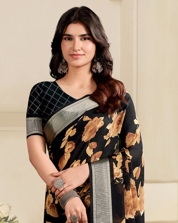 Vishal Prints Midnight Black Printed Criva Crepe Saree With Weaved Viscose Patta