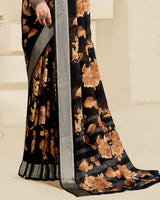 Vishal Prints Midnight Black Printed Criva Crepe Saree With Weaved Viscose Patta