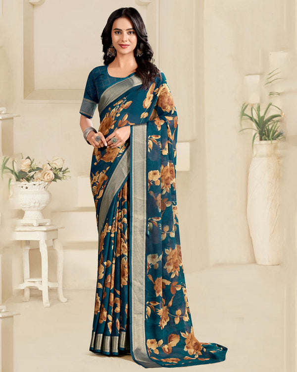 Vishal Prints Astronaut Blue Printed Criva Crepe Saree With Weaved Viscose Patta