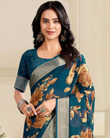 Vishal Prints Astronaut Blue Printed Criva Crepe Saree With Weaved Viscose Patta