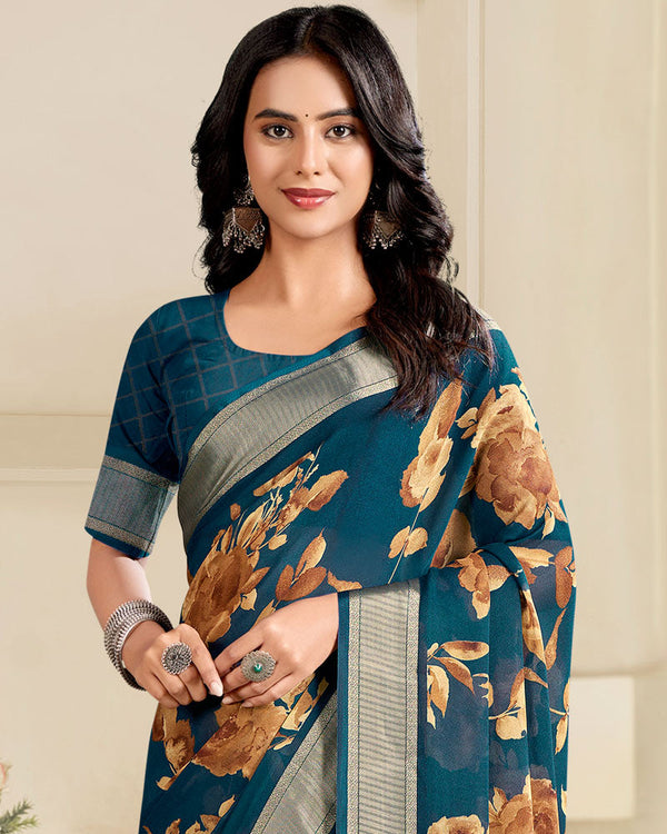 Vishal Prints Astronaut Blue Printed Criva Crepe Saree With Weaved Viscose Patta