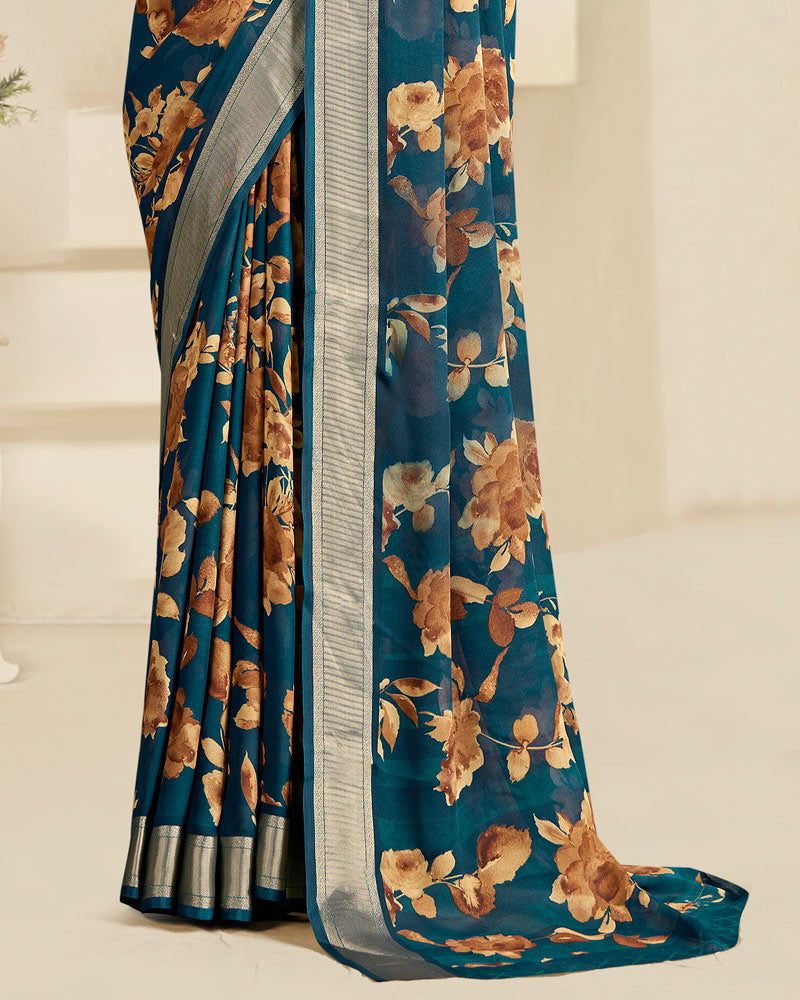 Vishal Prints Astronaut Blue Printed Criva Crepe Saree With Weaved Viscose Patta
