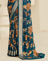 Vishal Prints Astronaut Blue Printed Criva Crepe Saree With Weaved Viscose Patta