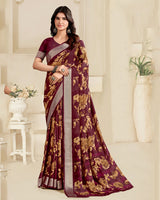Vishal Prints Dark Maroon Printed Criva Crepe Saree With Weaved Viscose Patta