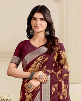 Vishal Prints Dark Maroon Printed Criva Crepe Saree With Weaved Viscose Patta