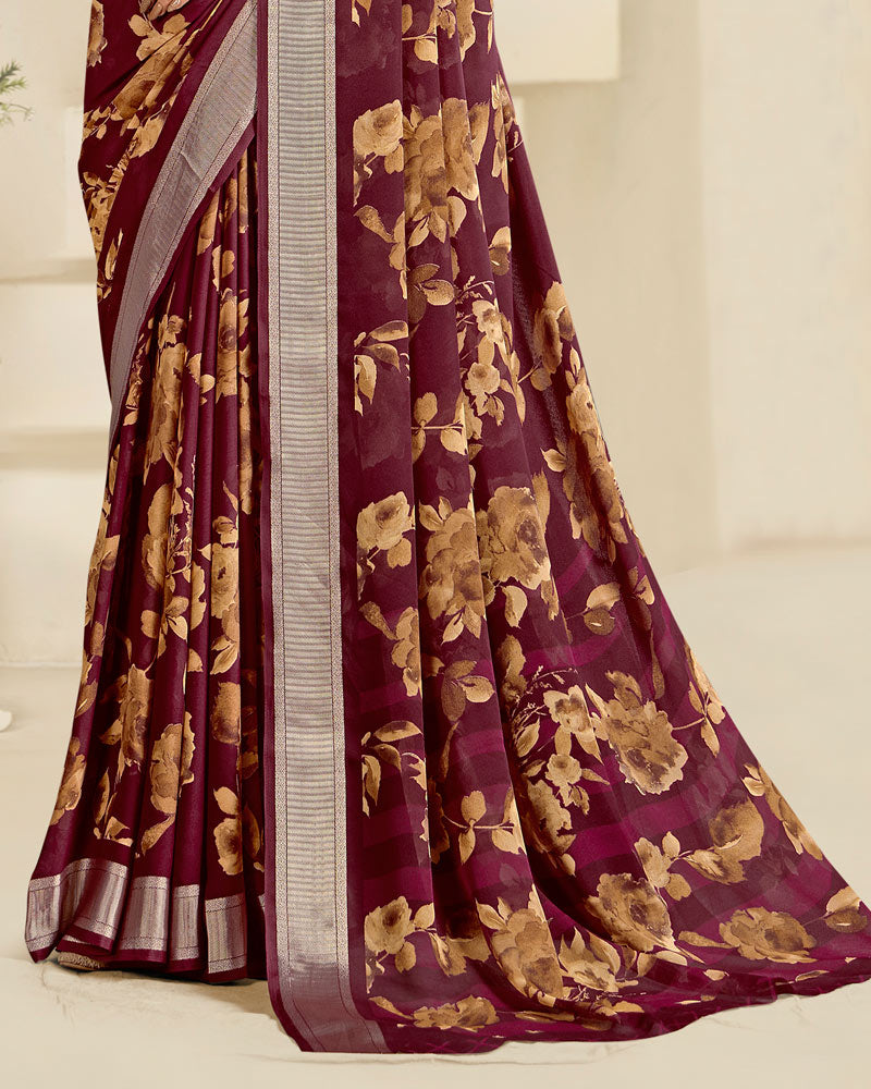 Vishal Prints Dark Maroon Printed Criva Crepe Saree With Weaved Viscose Patta