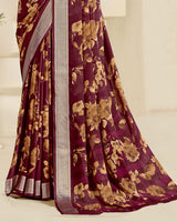 Vishal Prints Dark Maroon Printed Criva Crepe Saree With Weaved Viscose Patta