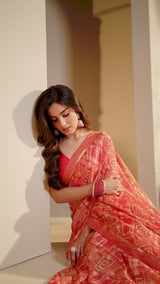 Vishal Prints Pastel Red Printed Chiffon Saree With Border