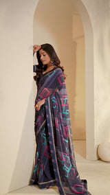 Vishal Prints Dark Grey Printed Georgette Saree With Border