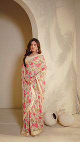 Vishal Prints Off White Printed Georgette Saree With Border