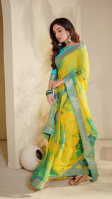 Vishal Prints Yellow And Rama Green Chiffon Saree With Floral Print And Jari Border