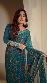 Vishal Prints Peacock Blue Georgette Saree With Satin Border