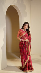 Vishal Prints Wine Chiffon Saree With Foil Print And Jari Border