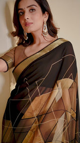 Vishal Prints Brown And Black Printed Georgette Saree With Jari Border