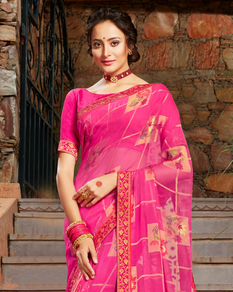 Vishal Prints Hot Pink Brasso Saree With Foil Print And Jari Border