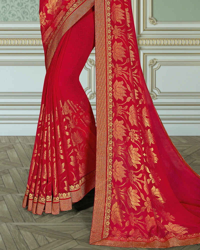 Vishal Prints Red Georgette Saree With Foil Print And Jari Border