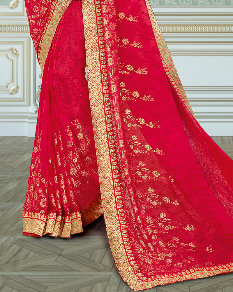Vishal Prints Cherry Red Georgette Saree With Foil Print And Jari Border