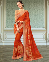Vishal Prints Rusty Orange Georgette Saree With Foil Print And Jari Border