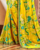 Vishal Prints Dark Yellow Printed Georgette Saree With With Jari Piping