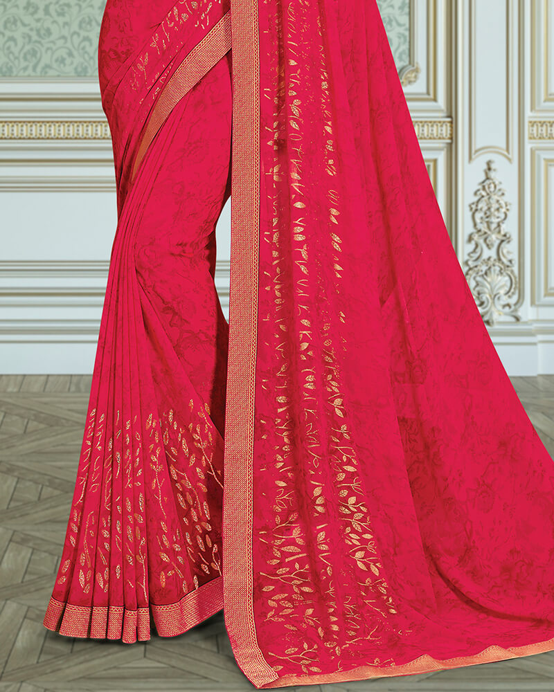 Vishal Prints Dark Pink Georgette Saree With Foil Print And Jari Border