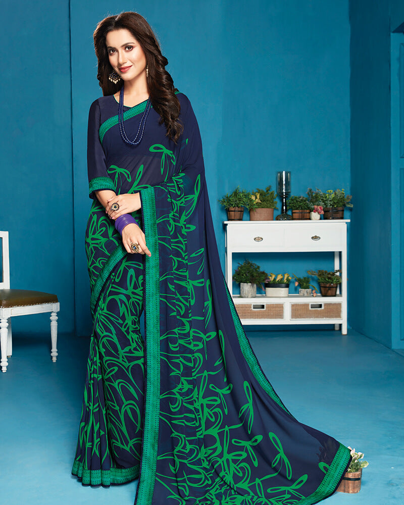 Vishal Prints Navy Blue And Green Georgette Saree With Satin Border
