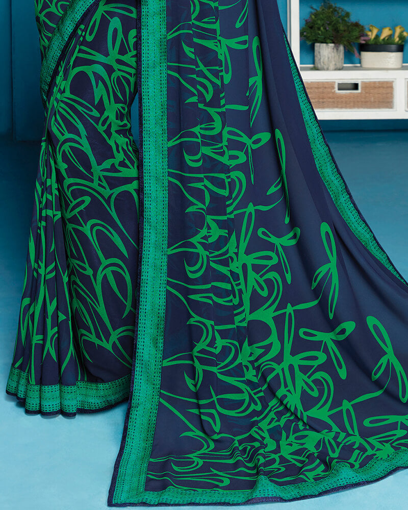 Vishal Prints Navy Blue And Green Georgette Saree With Satin Border